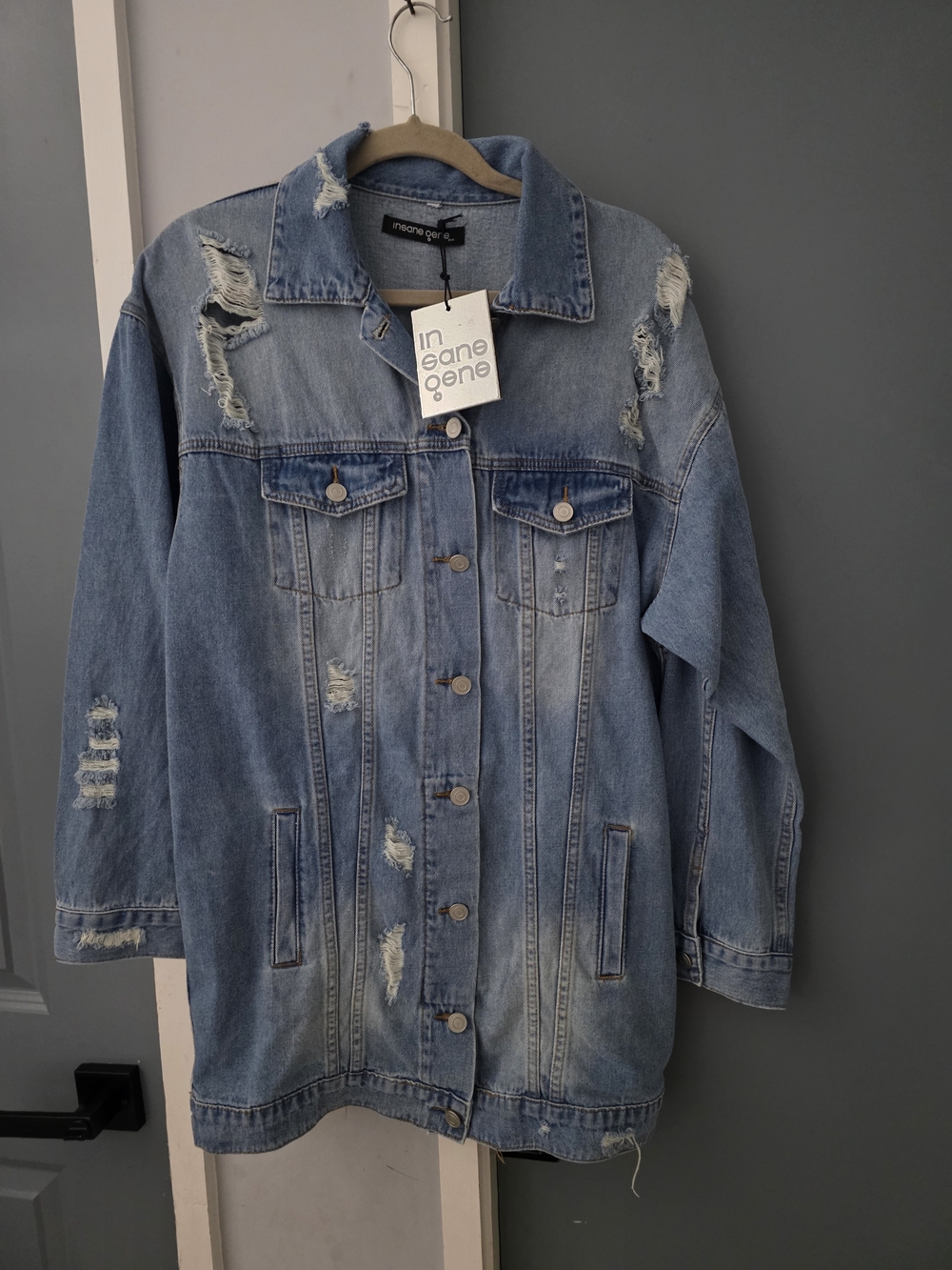 Oversized Distressed Light Blue Denim Jacket for Women